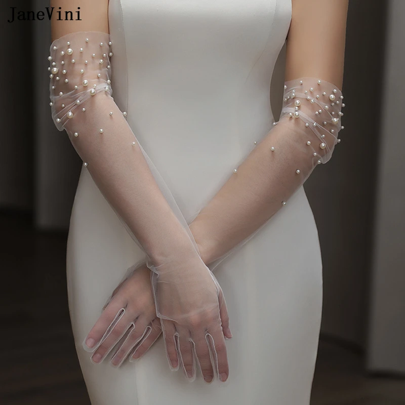 

JaneVini New Pearls Off White 55cm Bridal Gloves Full Finger Bride Translucent Tulle Long Gloves for Wedding Dress Accessories