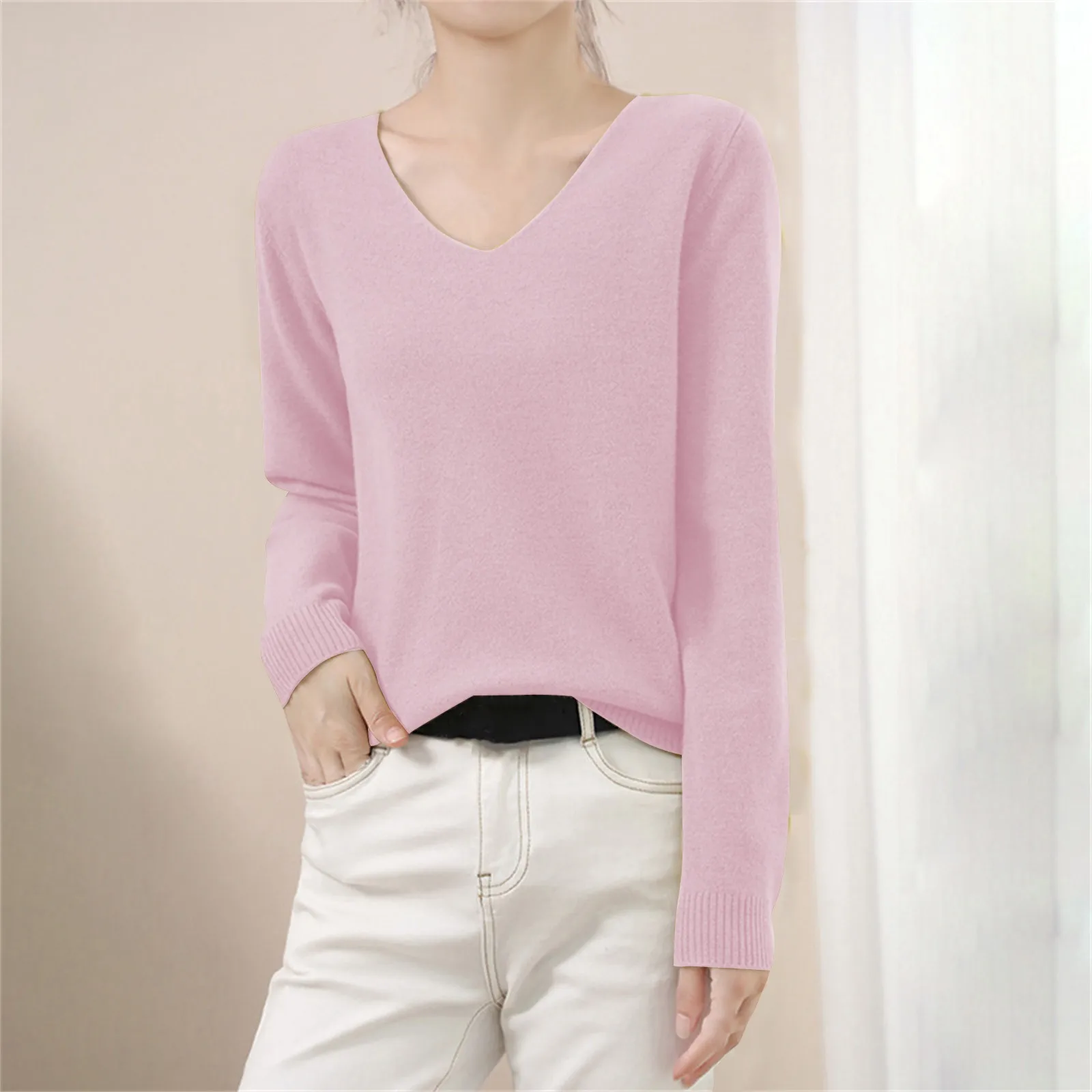 Winter Knitted Sweater Women's Low Neck V Neck Warm Base Sweater Long Sleeved Solid Color Tops Casual Jumpers Stretch Pullovers