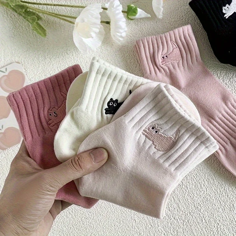 5 أزواج من جوارب القطط المطرزة للأطفال، جوارب قطط مطرزة لطيفة، كرتونية متعددة الاستخدامات، طراز جامعي