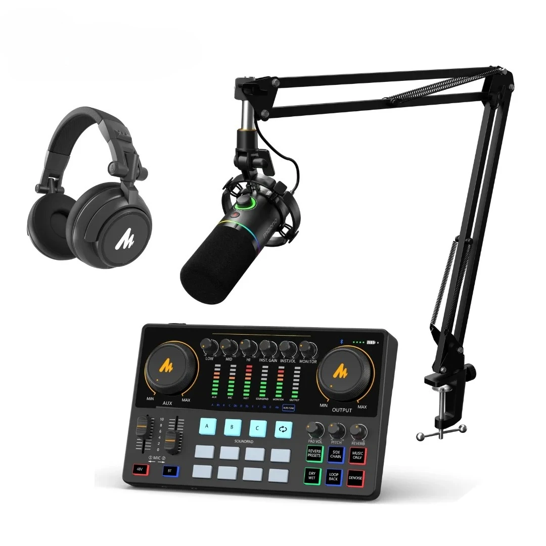 MAONOCASTER Professional Sound Card with 25mm Dynamic Studio Microphones Podcast Audio Interface Live Streaming Bundle Mixers