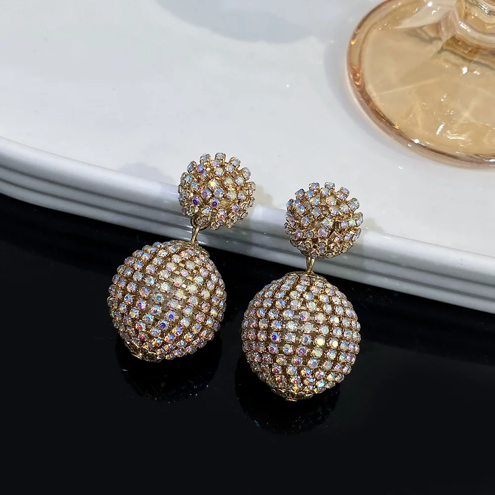 Freetry Sparkl Crystal Ball Drop Earrings for Women Charm Fashion Full Rhinestone Double Round Pendant Earrings Wedding Jewelry