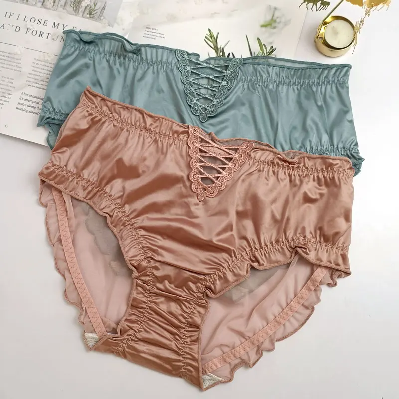 Satin Panties Large Size High Quality Sexy Lace Thin Transparent Mesh High Waist Panties Underwear Women Briefs Plus Size