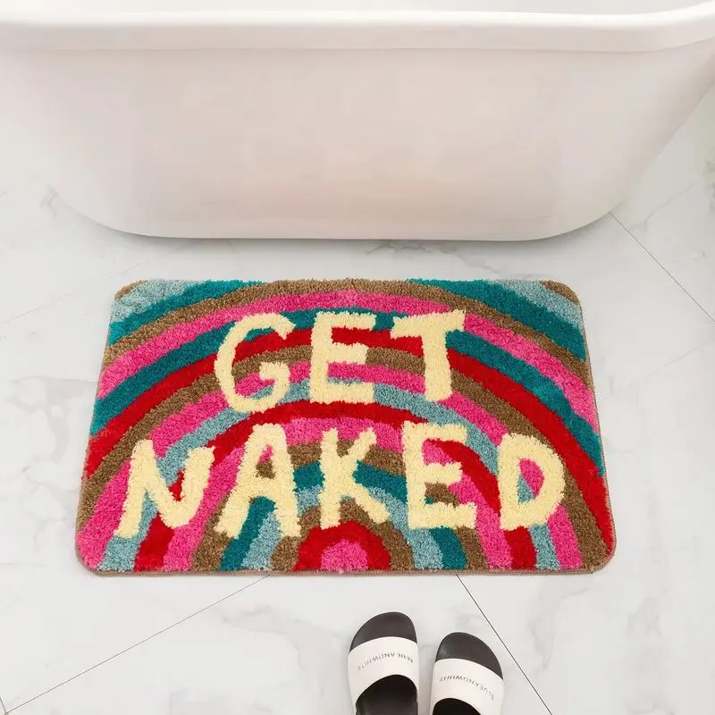 VIKAMA Funny Bath Mat Rainbow Stripes Get Naked Lettering Non Slip Absorbent Bathroom Rug Toilet Floor Mat Welcome Decor