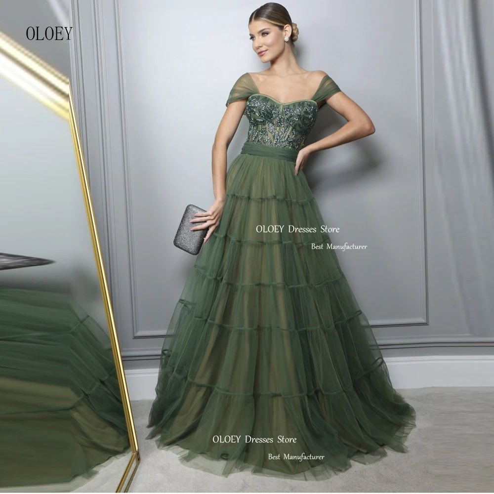 OLOEY-Elegante Verde Escuro Tulle Prom Vestidos Femininos, Applique Brilhante Renda, Vestido Longo em Camadas, Ocasião Formal, Vestido de Festa de Casamento