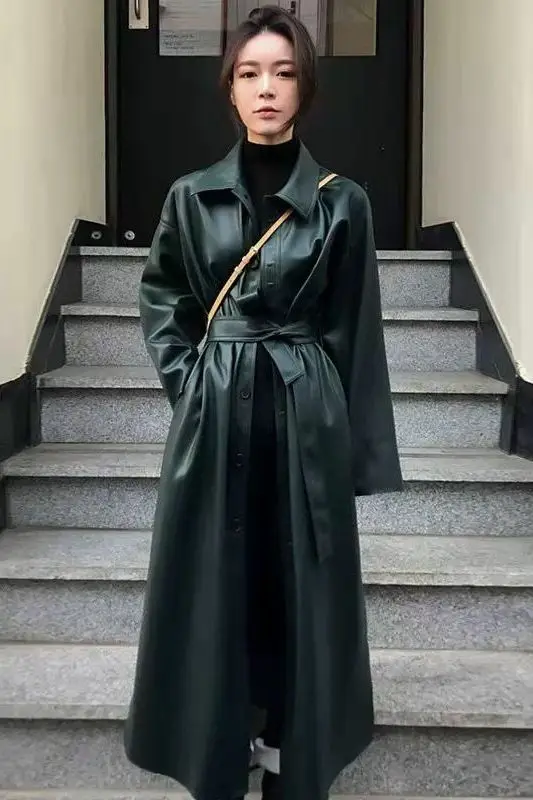 

​​Women's Faux Leather Coat Korean Style Slim Fit Knee Length Overcoat Spring Fall Loose Trench Jacket​​