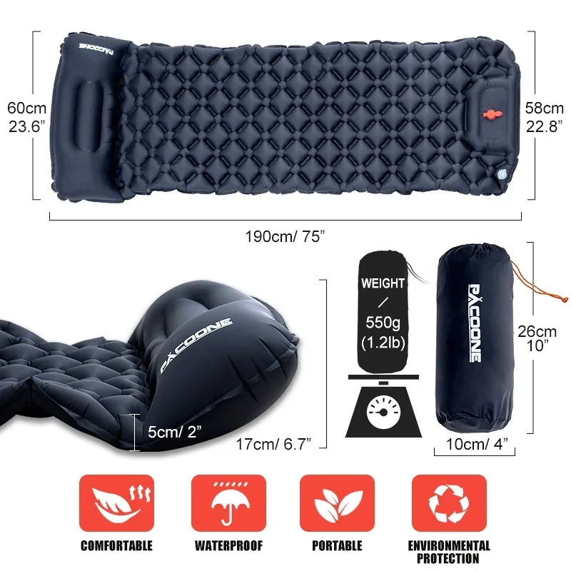 

Outdoor Camping Sleeping Pad Inflatable Mattress with Pillows Ultralight Air Mat Built-in Inflator Pump Travel Hiking
