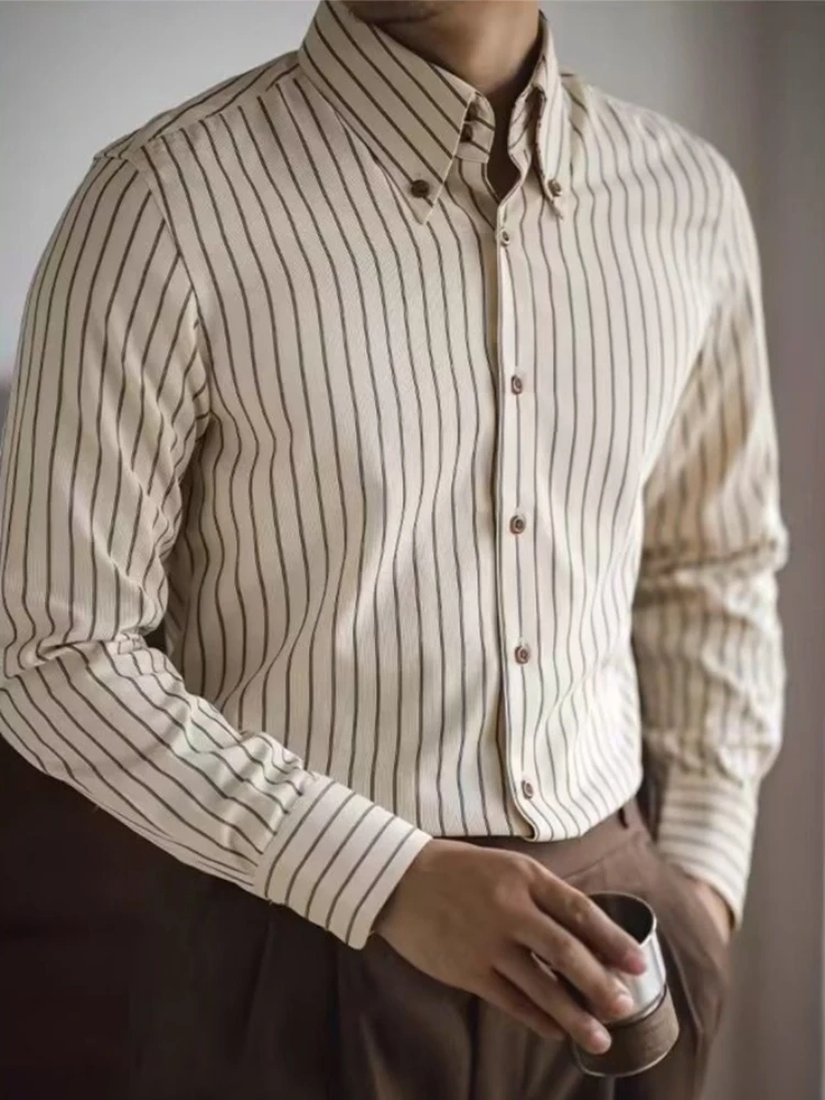

Мужская рубашка в винтажном британском стиле, приталенная, в полоску, с длинным рукавом, для весны и осени, деловая повседневная, немнущаяся, не требующая глажки