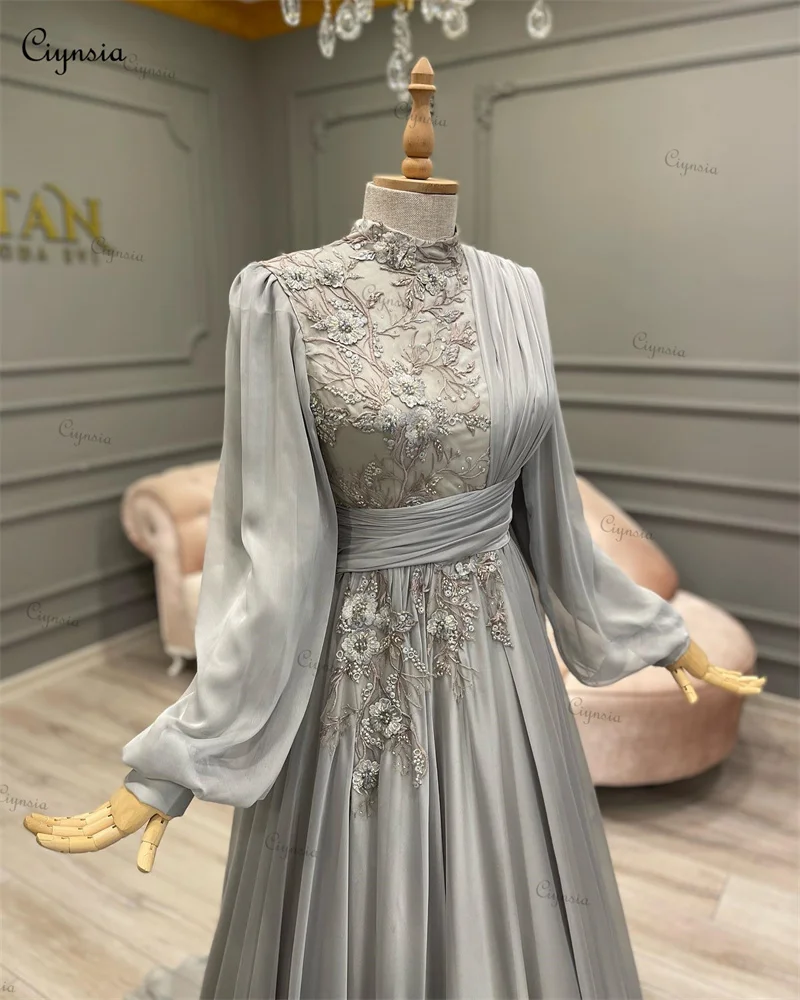 Ciynsia Elegant Women Muslim Evening Dresses Long Sleeve Hijab Islamic Formal Party Gowns High Neck Lace Kaftan Robe De Soiree