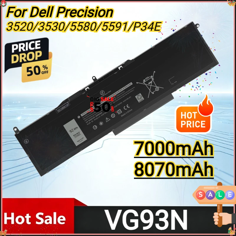 VG93N 7000mAh 8070mAh 11.4V High Capacity Laptop Battery for Dell Precision 3520 3530 5580 5591 P34E