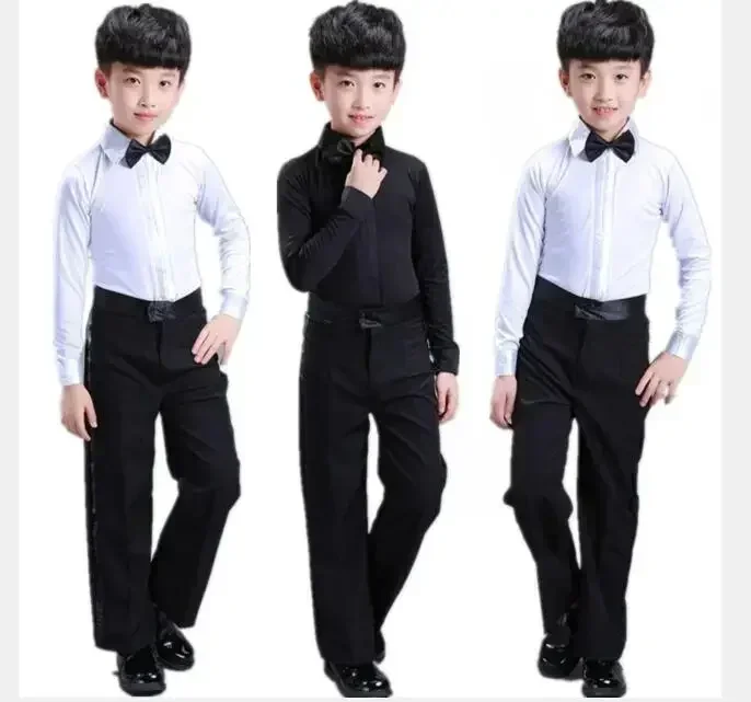 

Boys Latin Dance Costume Ballroom Cha Cha Tango Stage Performance Costumes Children Black White Bow Top and Pant