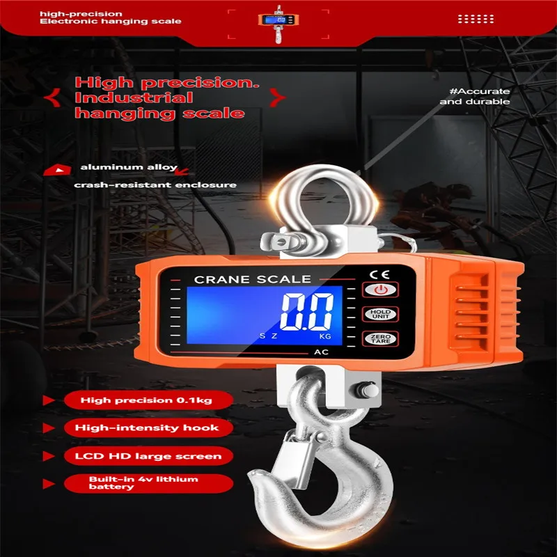 2T Digital Hanging Scale 2000KG Heavy duty Crane Scale Large LCD Industrial Hook Lock On site Weighing Scale 4400LB Remote Contr