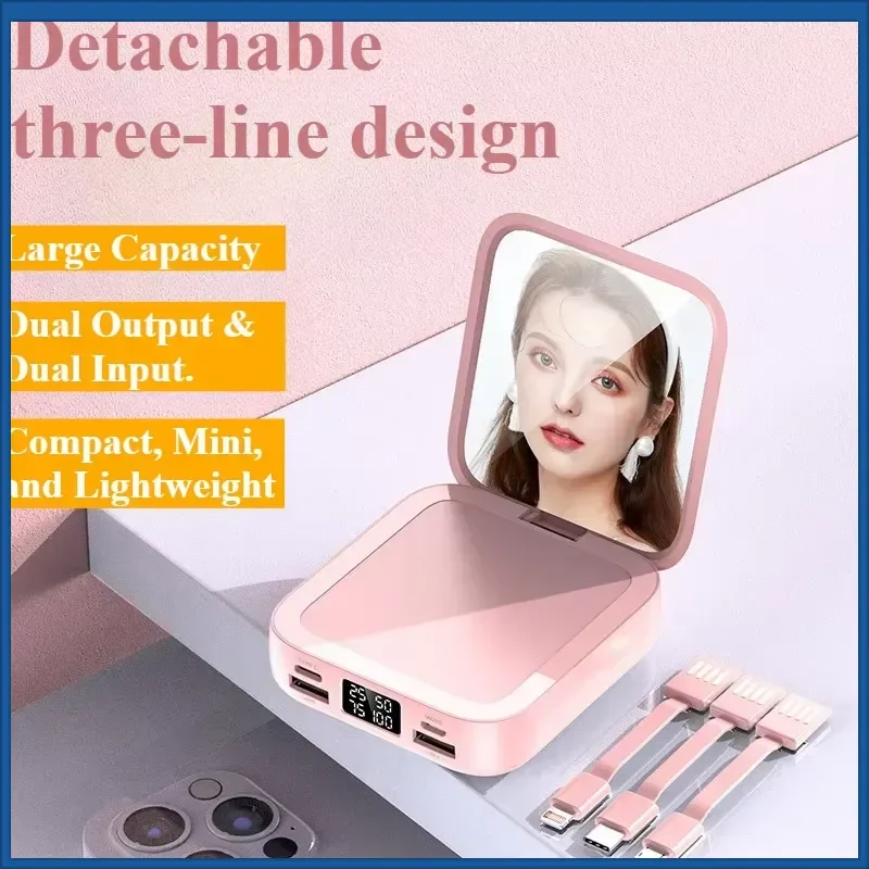 Makeup Mirror Power Bank 20000mAh Fast Charging Built-in Detachable Cables Portable Charger External Battery for IPhone