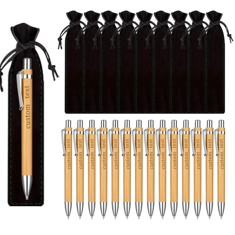 12/24 Sets Customizable Bamboo Ballpoint Pens Personalized Wooden Round Pens with Black Pouches Elegant Wedding Engagement Gifts