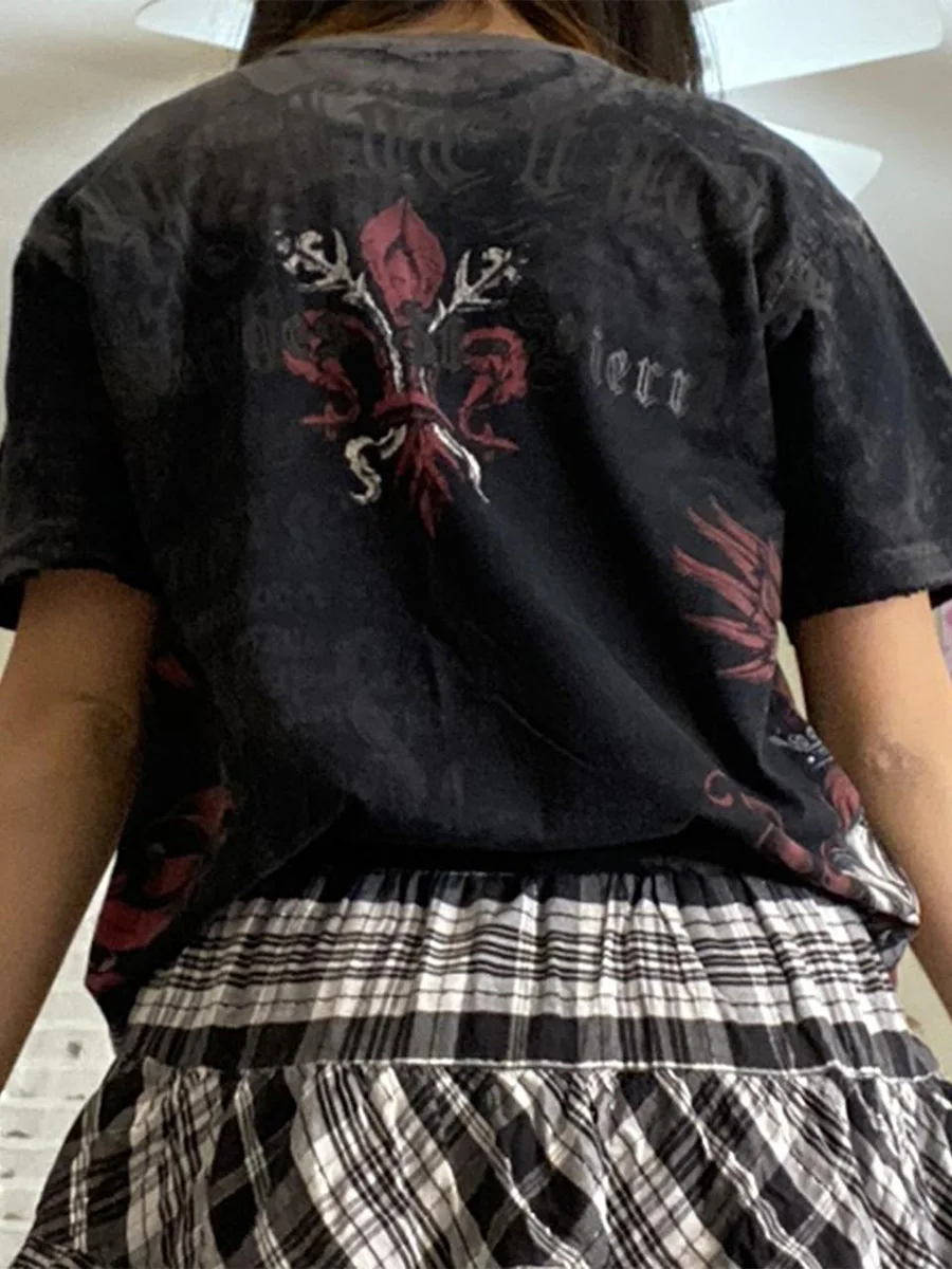 Vintage y2k Graphic Print Skull CropTop Tshirts Chic Aesthetic 2000s Summer Grunge Clothes Streetwear