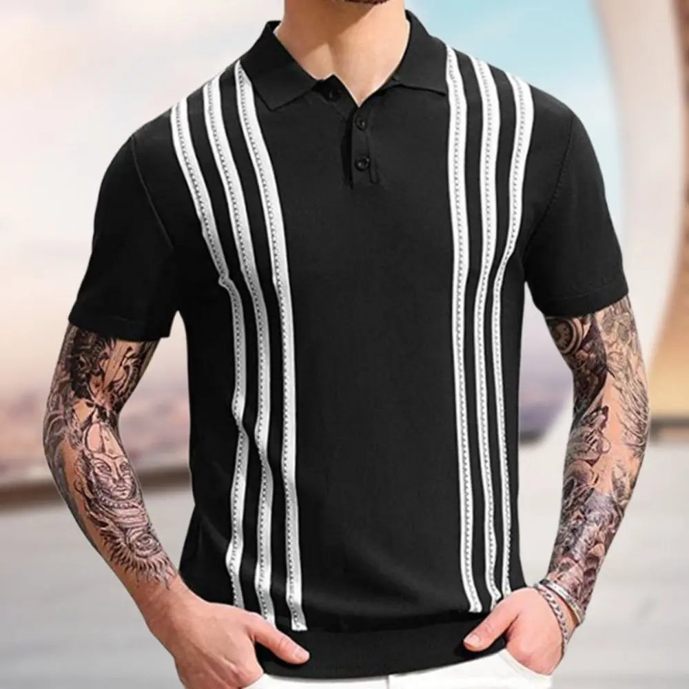 Men's Business Casual Polo Shirt Summer Male New Short Sleeve Striped Knitwear Comfort Tourism Knit Lapel Tops 2024 Men Clothing