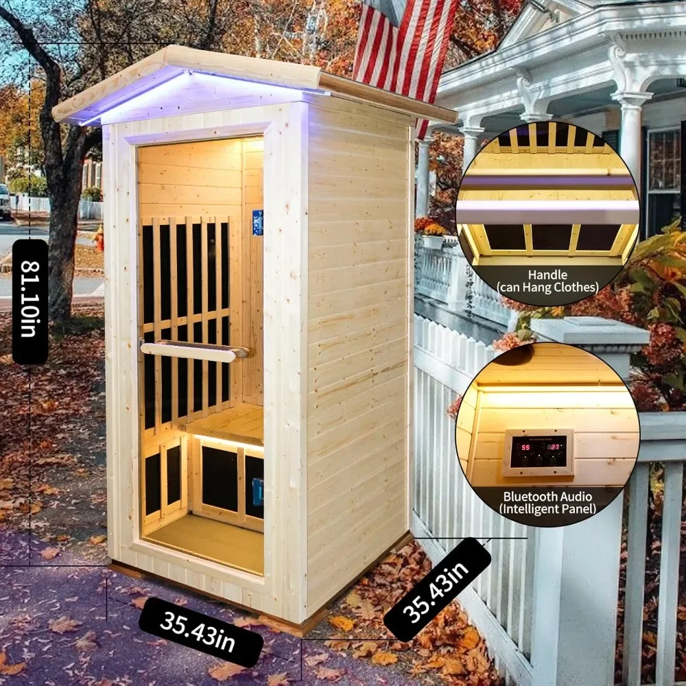 1300W Far Infrared Home Sauna, 1 Person Canadian Spruce Wooden Outdoor Sauna with 7 Heating Plates