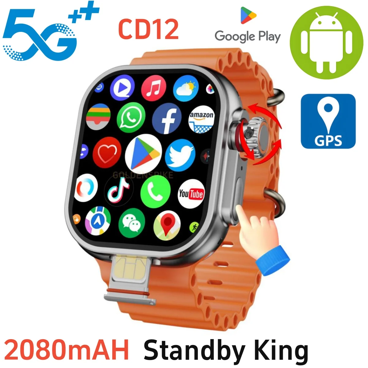 GOLDENSPIKE CD12 Smart Watch 5G LTE Android 10.0 Os Rotary Camera GPS WIFI App Download 256GB Storage Touch Encoder Smartwatch