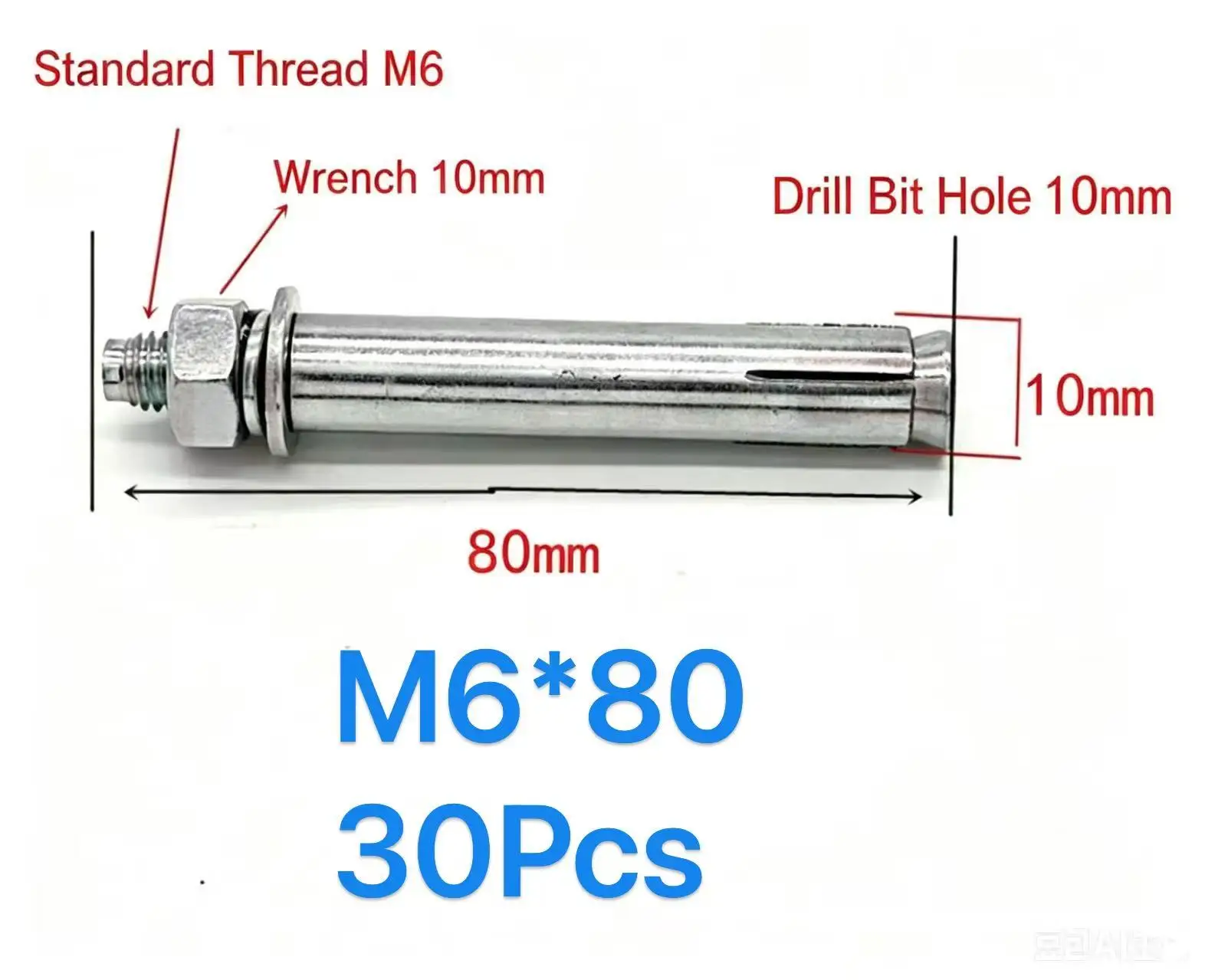 M6*80 Hex Expansion Anchor Bolt 30Pcs for Concrete Brick Wall Mounting Fixing