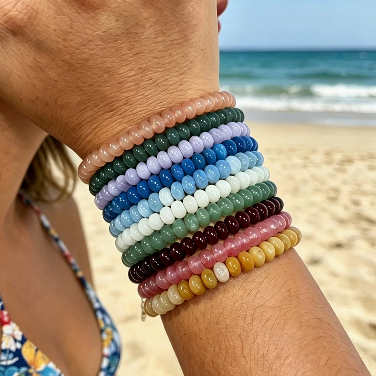 Bohemian Handmade Natural Stone Beaded Bracelet Set Stackable Elastic Bracelets for Women Beach Vacation Gift