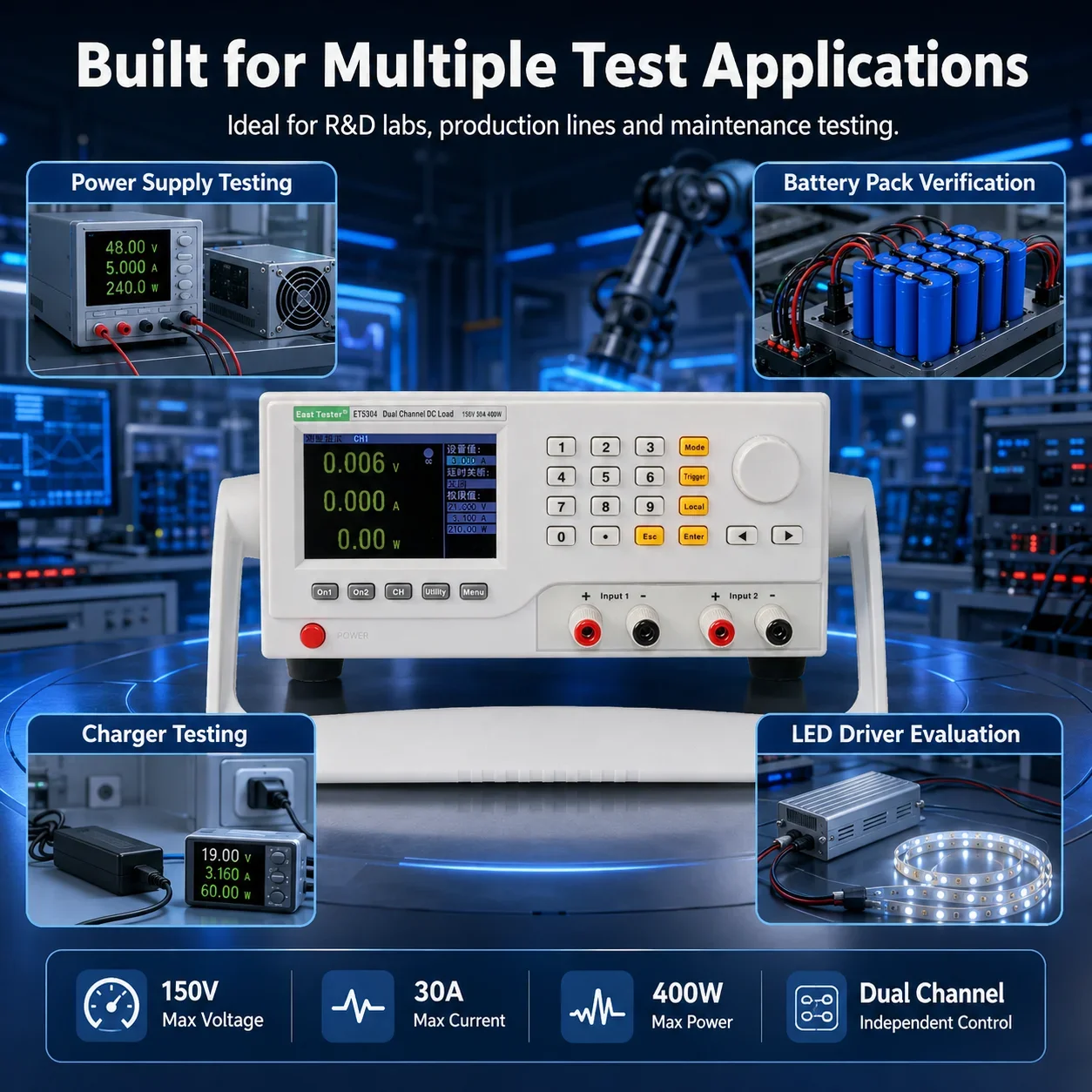 ET5304 400W Dual-Channel DC Electronic Load Tester, 150V 30A, Independent  and Control for Battery and Power Supply Testing