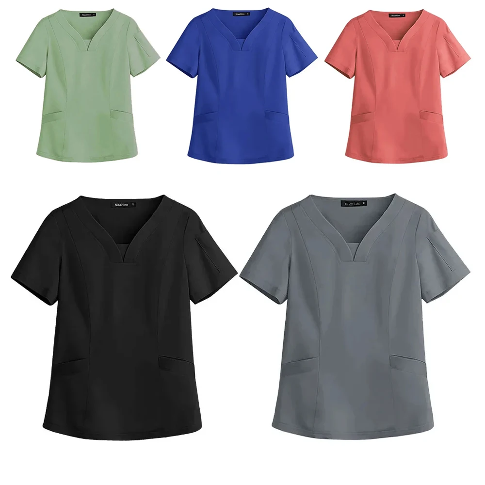 Top de envoltório simulado feminino, Scrubs para mulheres, 3 Bolso, Laboratório da Faculdade de Medicina do Hospital, Clínica Odontológica, Uniforme de Spa