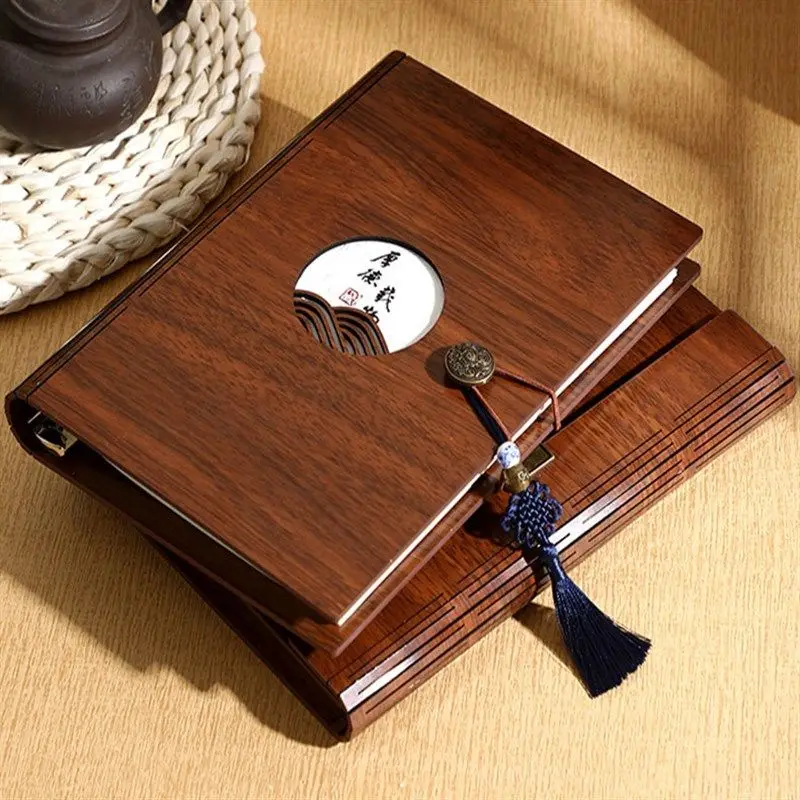 Chinese Vintage Style Agenda Journal Book A5 Loose-Leaf Notepad Wooden Cover Pretty Binder Notebook Stationery With The Rings