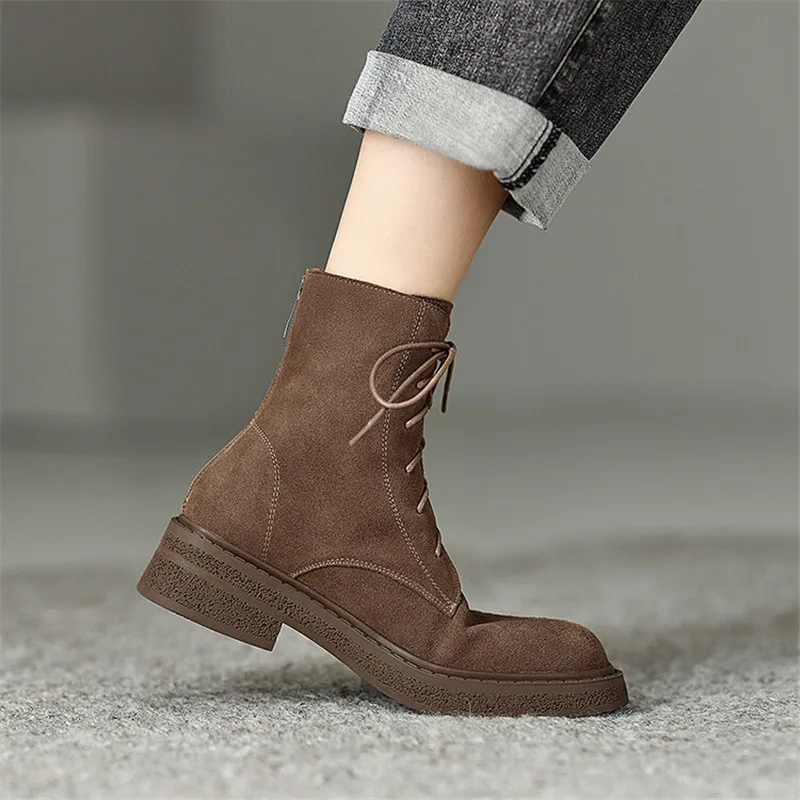 Botas de cuero con punta redonda para mujer, zapatos de tacón grueso de ante de vaca, botas cortas con plataforma de cuero genuino, estilo Chelsea, invierno, 2023