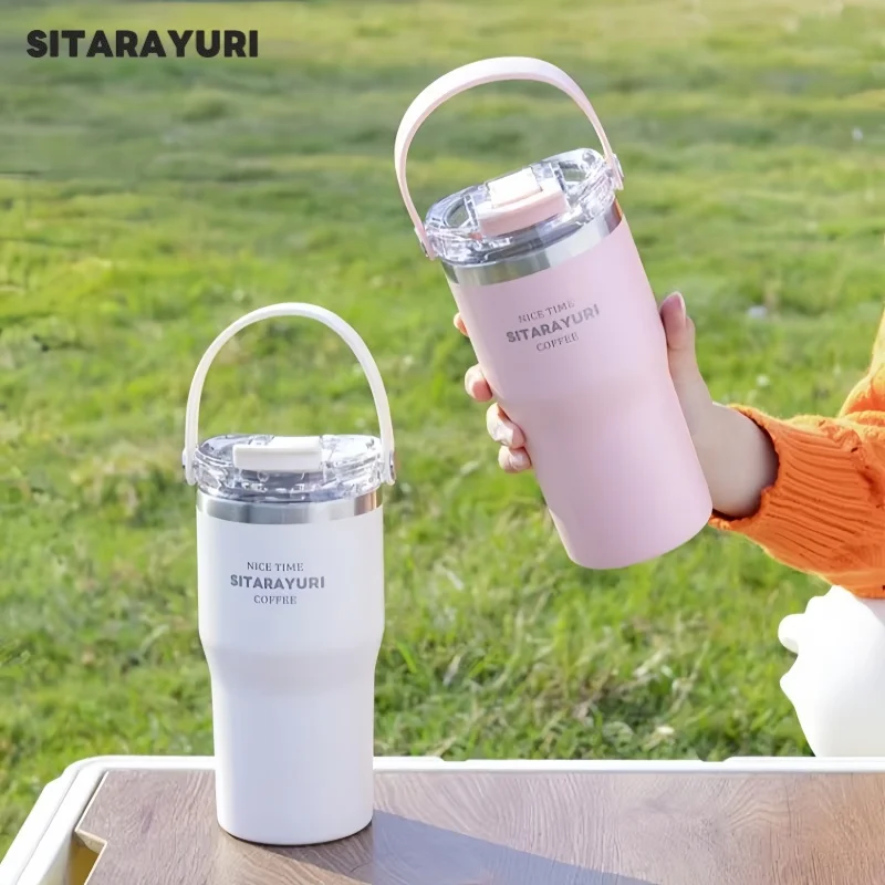 SITARAYURI 600/900ML Insulated Cup Stainless Steel Double-drinking Straw Thermos Cup Leak-proof Coffee Mug Outdoor Sport Car Cup