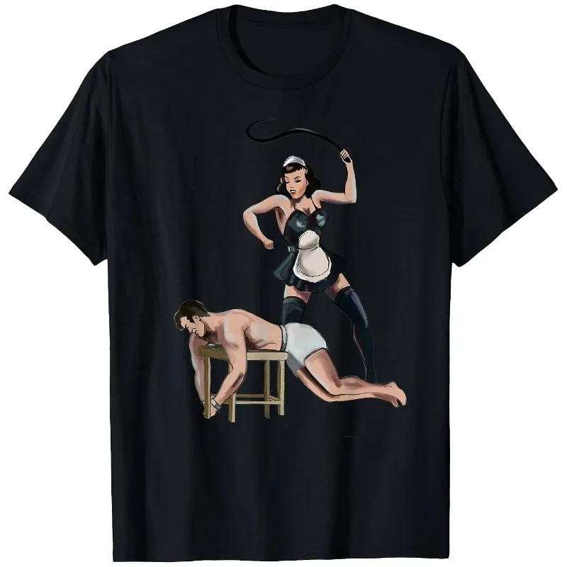 French Maid Costume T-shirt Whip and Restraint Role-playing Design, Men's and Women's Black T-shirts, Unique Pattern Print