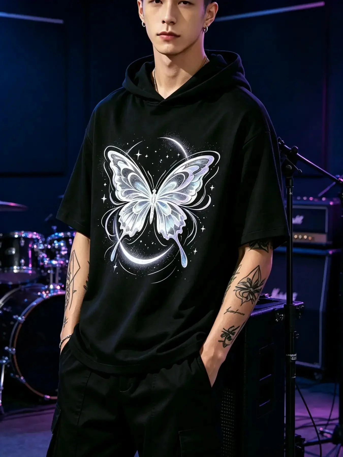 Men's Short Sleeve Hooded T-Shirt, Glowing Butterfly Moon Star Graphic Hoodie Tee, Relaxed Fit Gothic Streetwear Pullover Top
