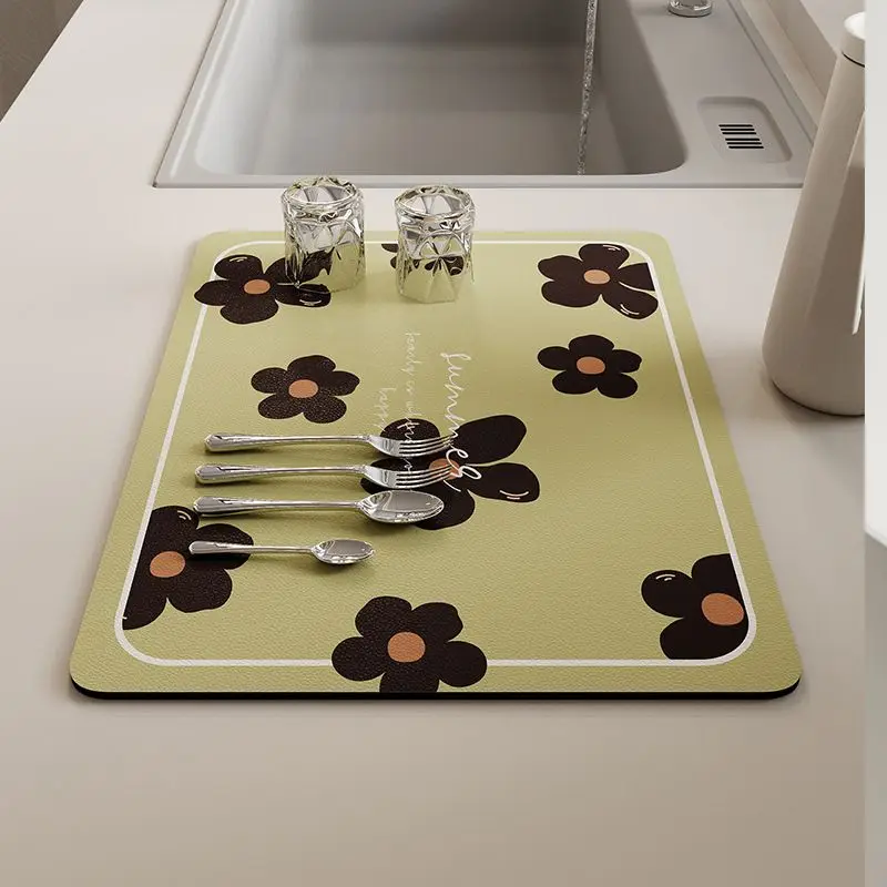 Retro Deep Brown Floral White Kitchen Drainage Mat, Anti Slip Coffee Machine Tableware, Protection Mat