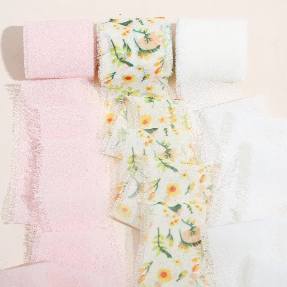 1/3 Roll Satin Ribbon 5m Length Printed Flowers Silk Ribbon 4cm Width Frayed Edges Handmade Ribbon Birthday Party