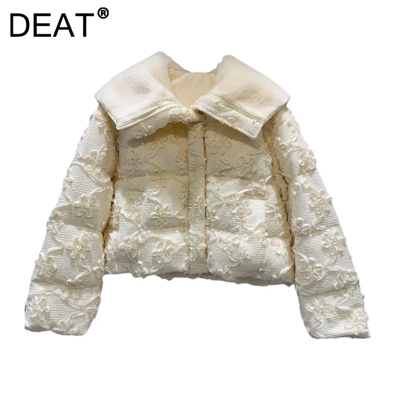 DEAT Women's Coat Beige Crochet Flowers Turn-down Collar Cotton-padded Elegant Short Jackets 2025 Spring New Fashion 11A01818