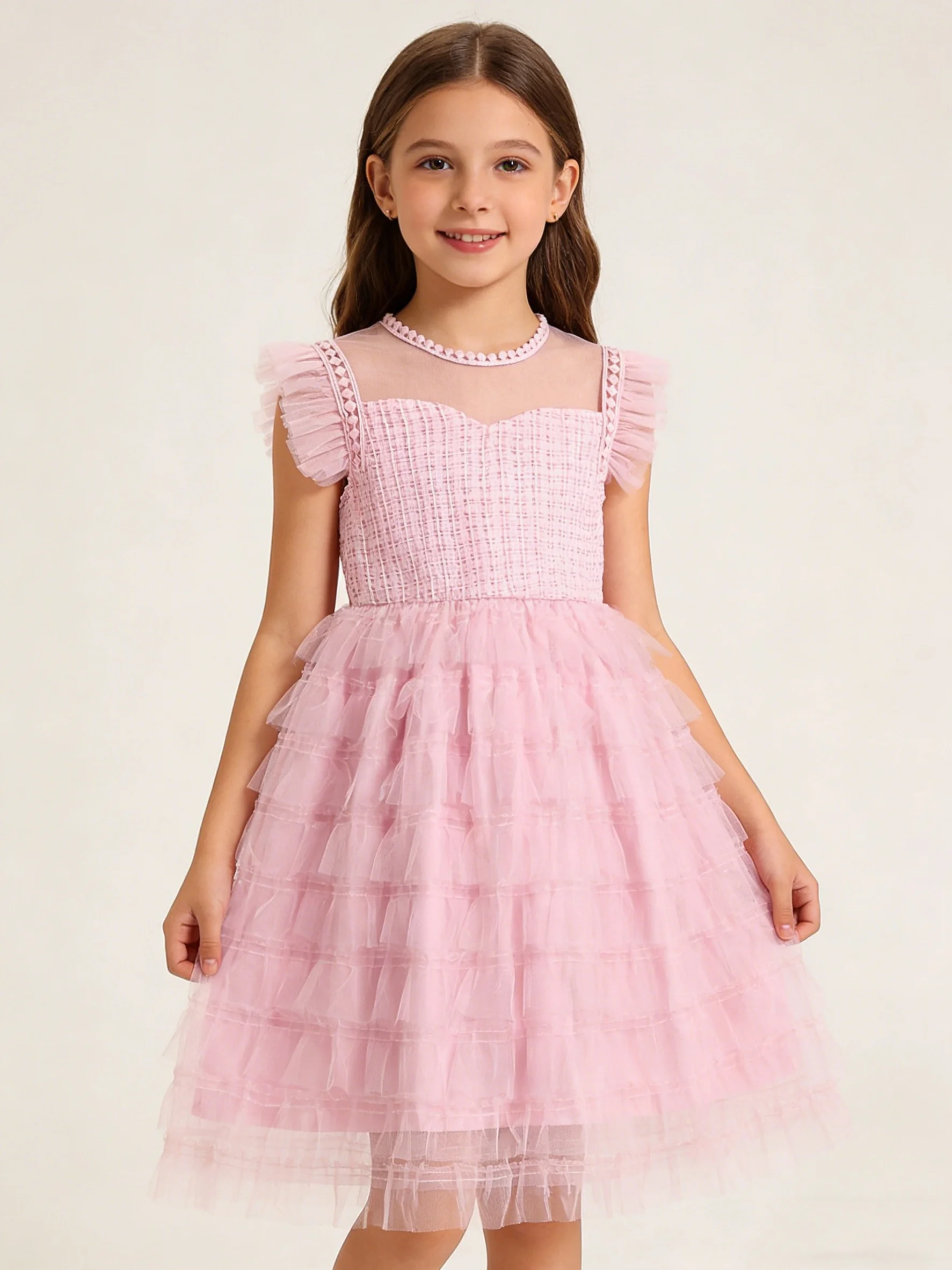 

Летнее платье для девочек больших и средних размеров без рукавов с круглым вырезом, сетчатыми вставками и пышной юбкой в стиле «сладкий сон»