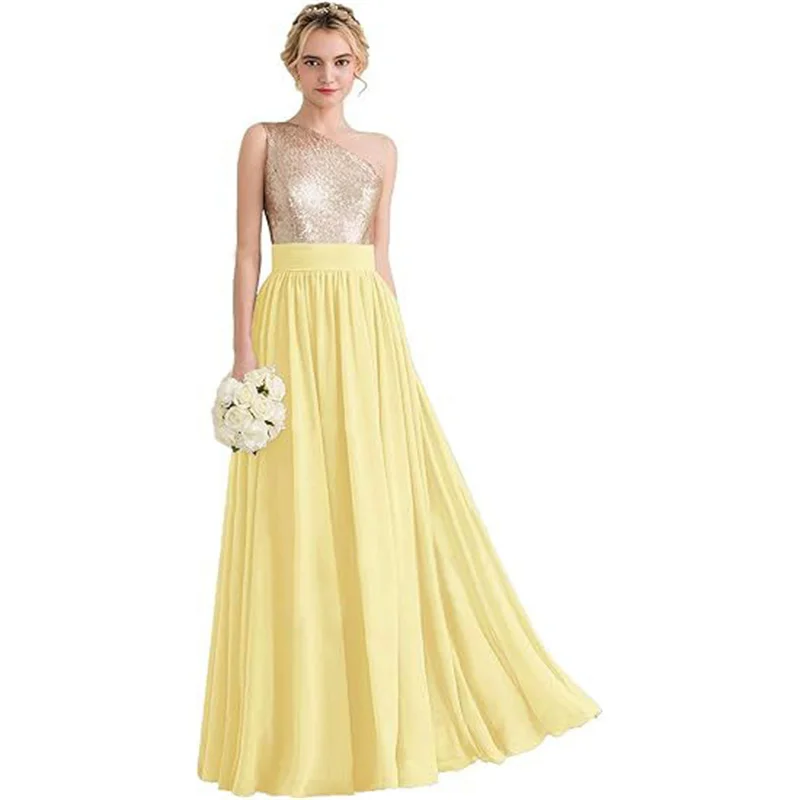 A Line Chiffon Sequined One Shoulder Elegant Strapless Bridesmaid Dresses Wedding Party Formal Prom Evening Lace Up Back