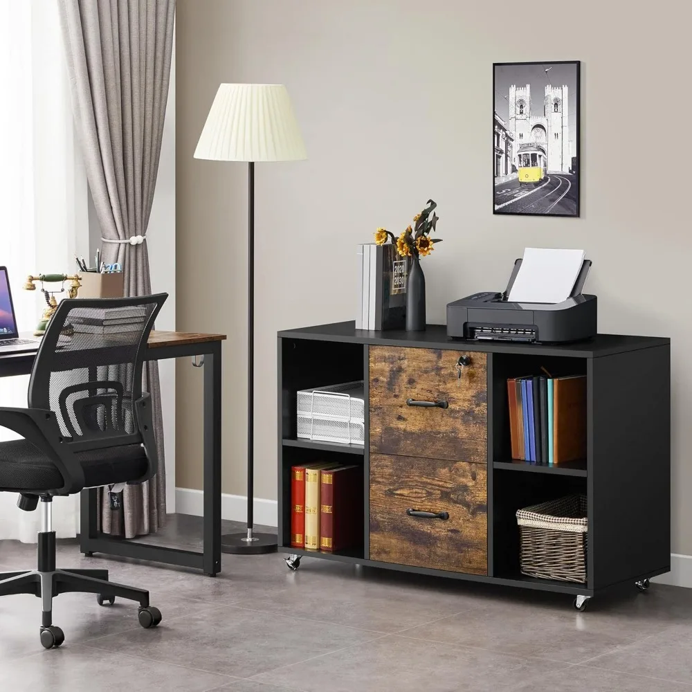 

Horizontal Filing Cabinet with 2 Drawers and 4 Open Compartments, Household Filing Cabinet with Printer Stand