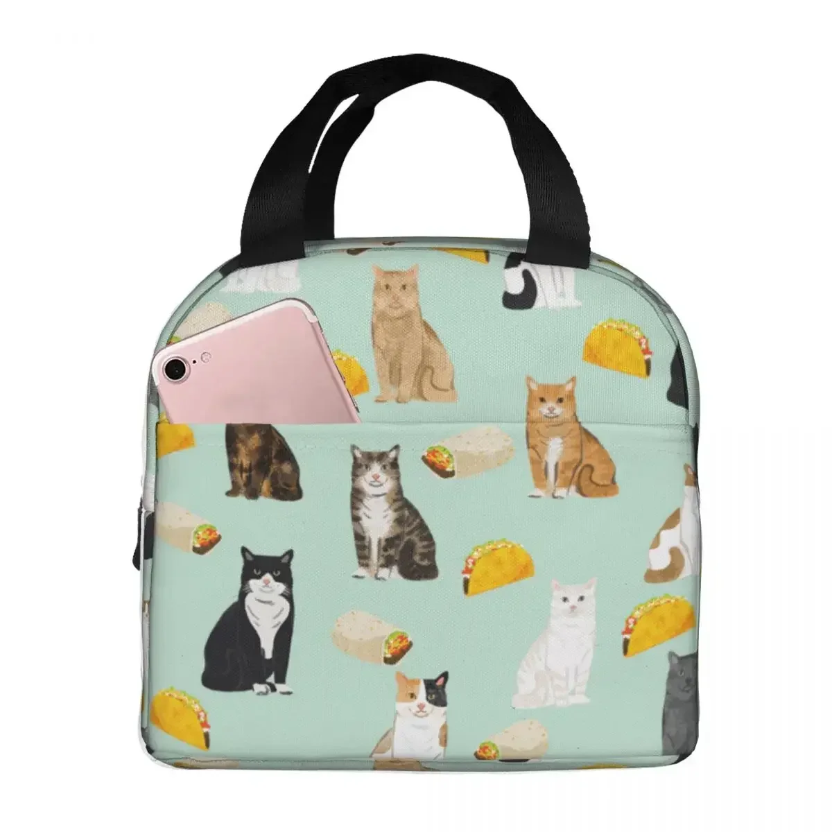 

Cats And Tacos Lunch Bags Portable Insulated Canvas Cooler Animal Thermal Cold Food Picnic Lunch Box for Women Children