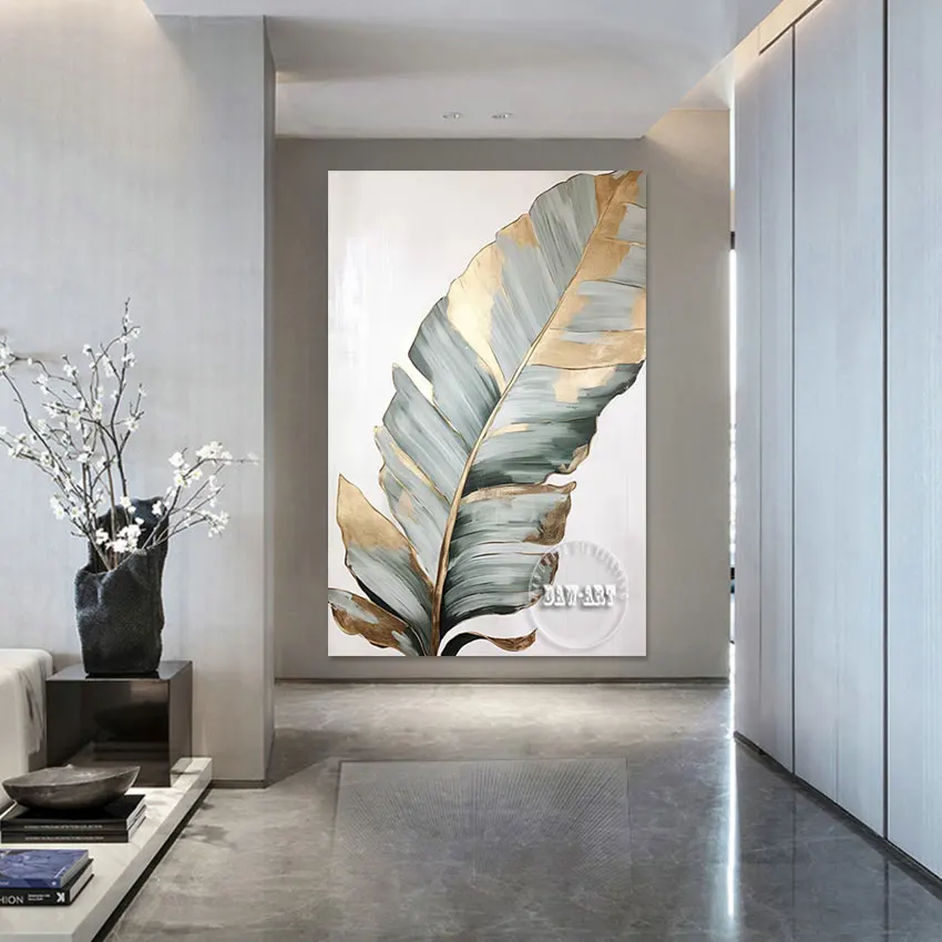 

Art Picture Handmade Oil Painting Abstract Wall Canvas Roll Frameless Simple Textured Design Plant Leaf Mural Decoration Items