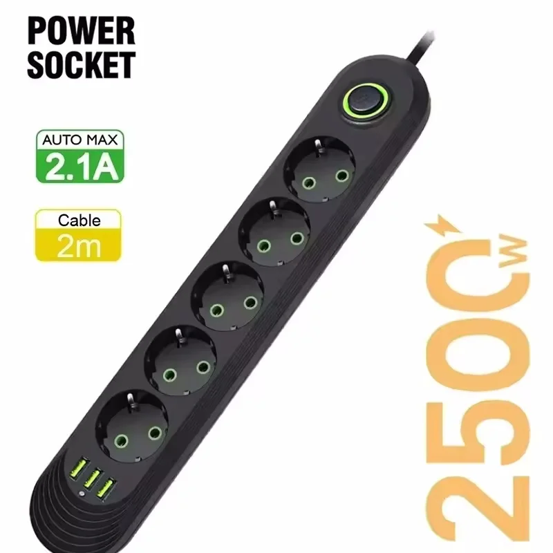 2 m Kabel, EU-Stecker, Steckdosenleiste mit 3 USB-Buchsen, Netzwerkfilter, runder Stift, AC-Steckdosenanschlüsse, Verlängerungskabel, elektrischer Ladeadapter
