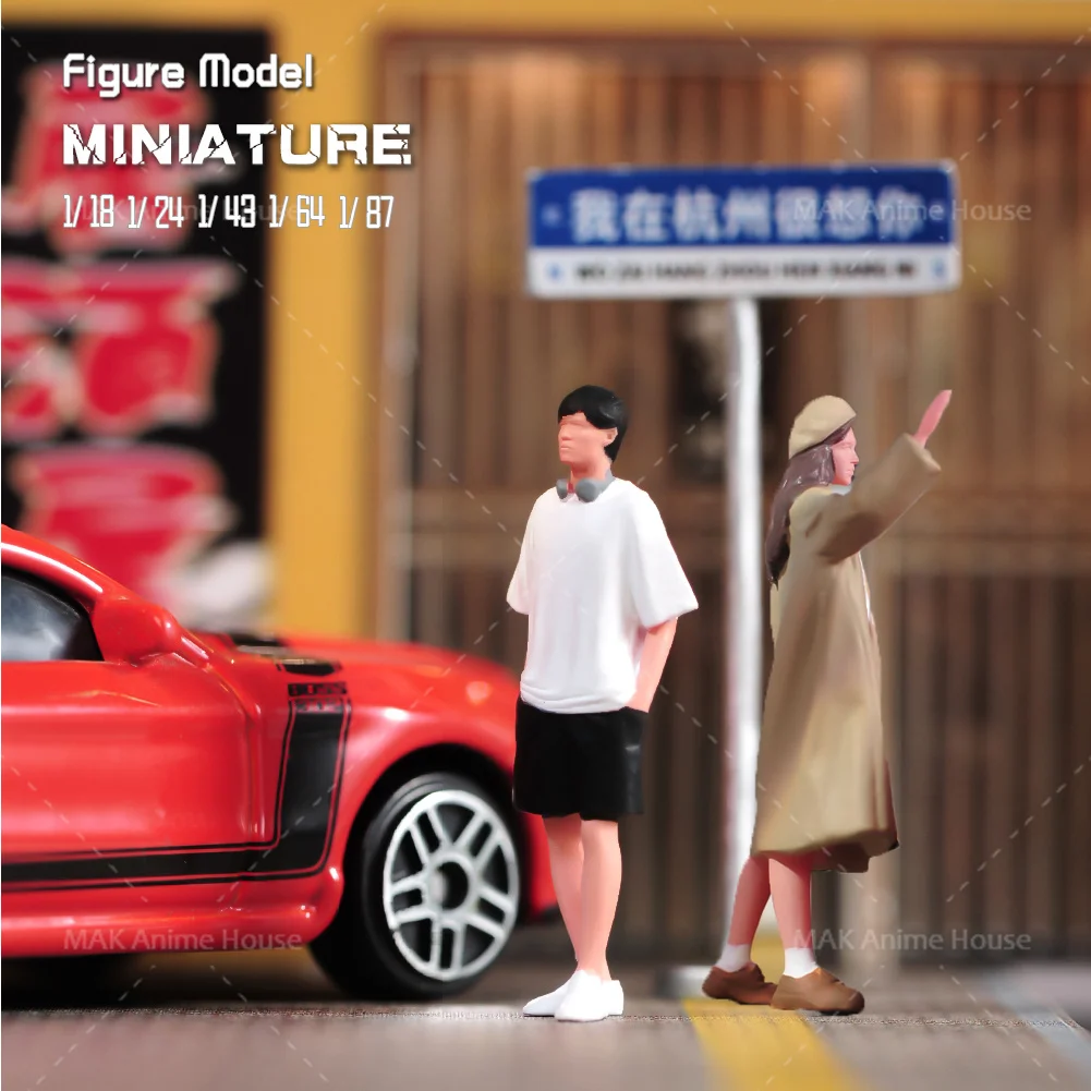 Miniaturas 1/18 1/24 1/64 1/43 1/87 moda usando fones de ouvido para homens acenando menina figura modelo decoração de rua cena carro brinquedo