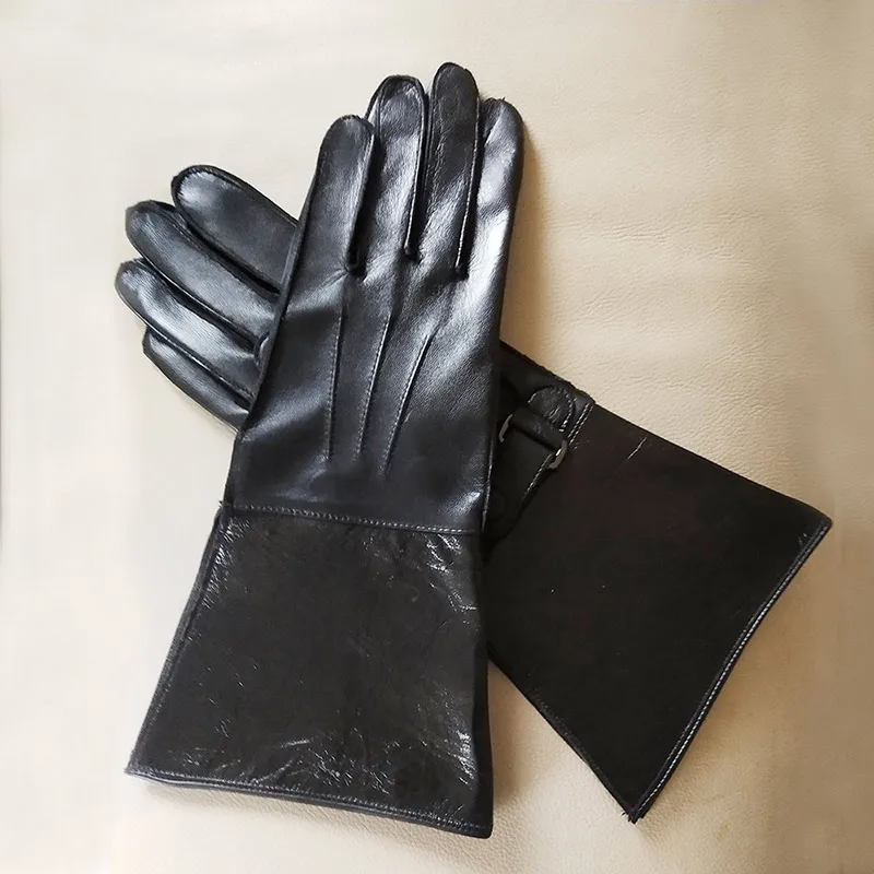 Mens Leather gloves Touch Screen Double Cuff Luxury Unlined Genuine Leather Tight Long Sleeve Driving Riding Moto Gloves