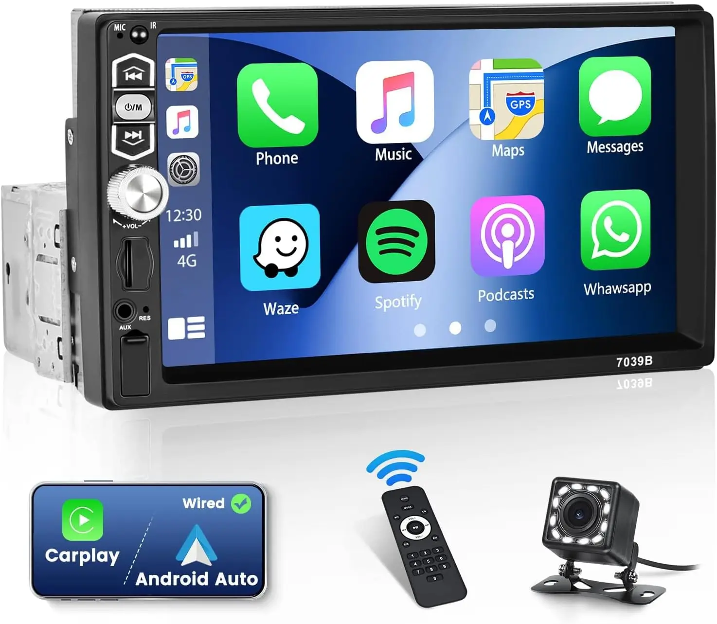 Radio à écran tactile CarPlay Android Auto simple Din de 7 pouces avec Bluetooth 5.1, FM, USB, AUX, TF, SD, SWC, EQ, rétro-éclairage, télécommande, P