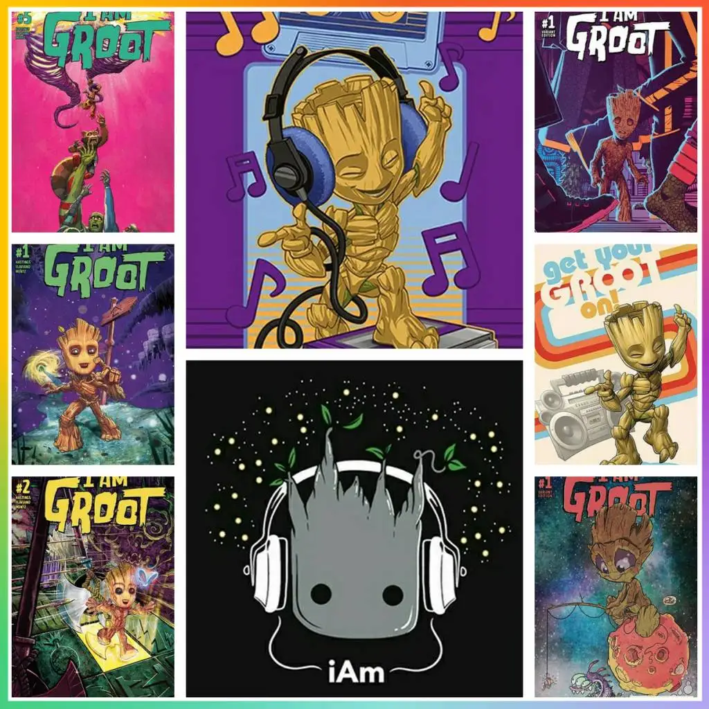 Superhero I Am Groot Comic Marvel Drawing Hanging Printed Puzzle Stitch Mosaic Art Diamond Painting 5d Children Large New 2024