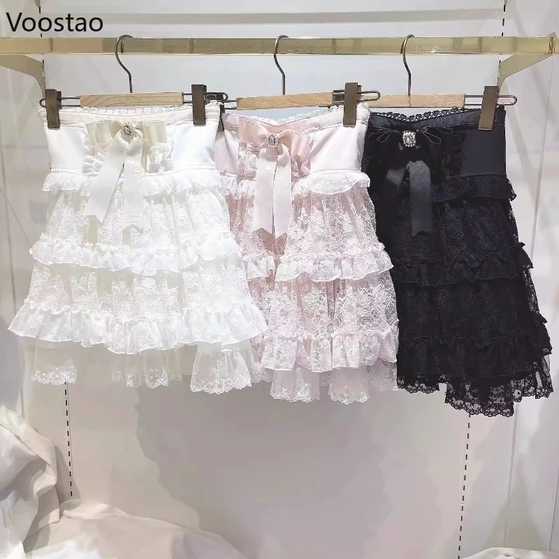 Japanese Gothic Lolita Style Mini Skirt Women Elegant Sweet Bow Mesh Lace Ruffles Short Skirts Girls Cute Y2k A-Line Cake Skirt