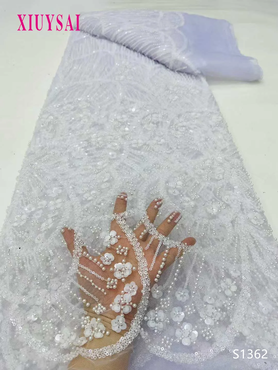 

Новинка 2024 г., тюль с 3D вышивкой цветов Haute Couture с нигерийскими бусинами ручной работы с блестками, кружевная ткань для свадебных платьев