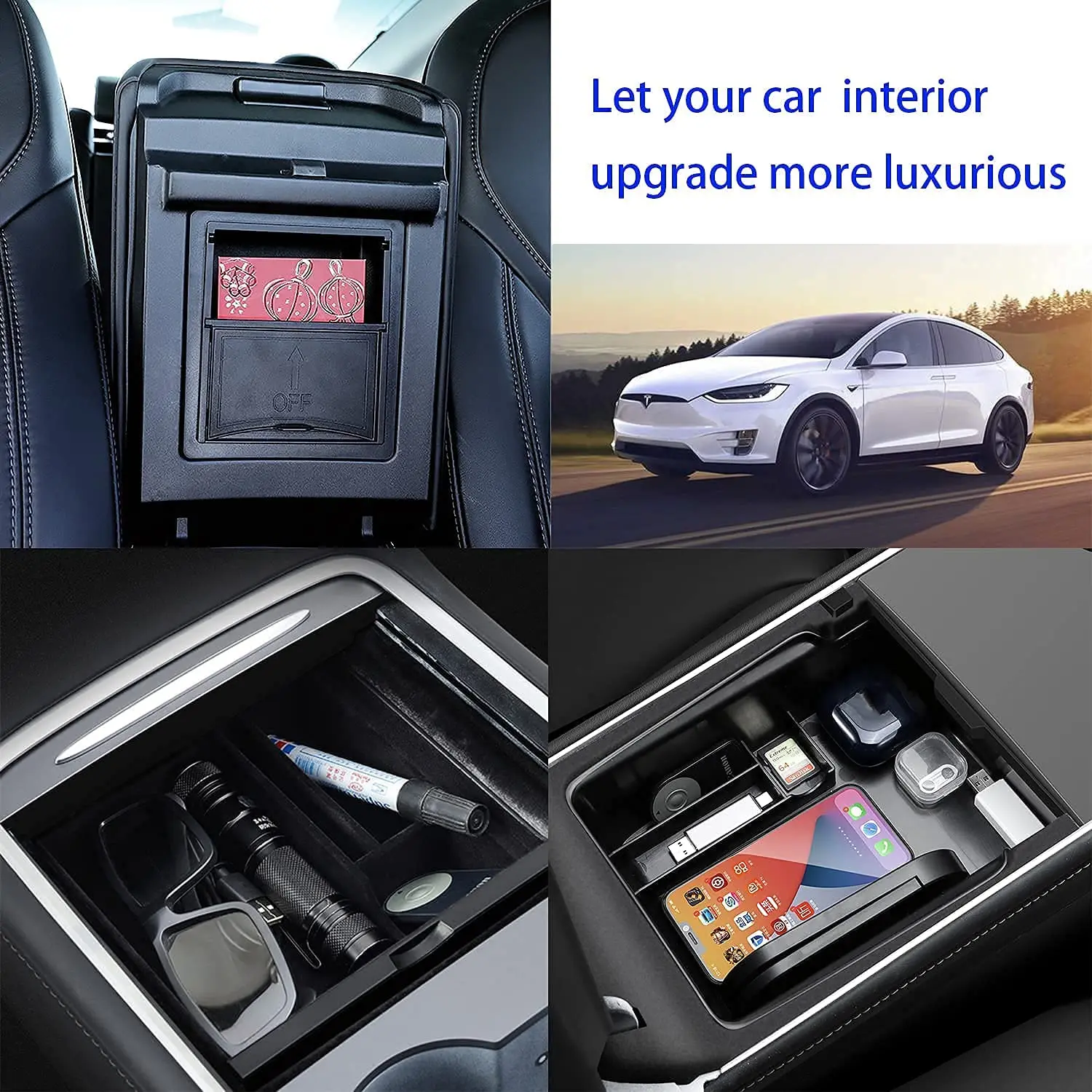 for Tesla Model 3/Y 2021 Armrest Box Hidden Cubby Drawer Storage Box Flocked  Center Console Cup Holder for Tesla 2022 Accessory