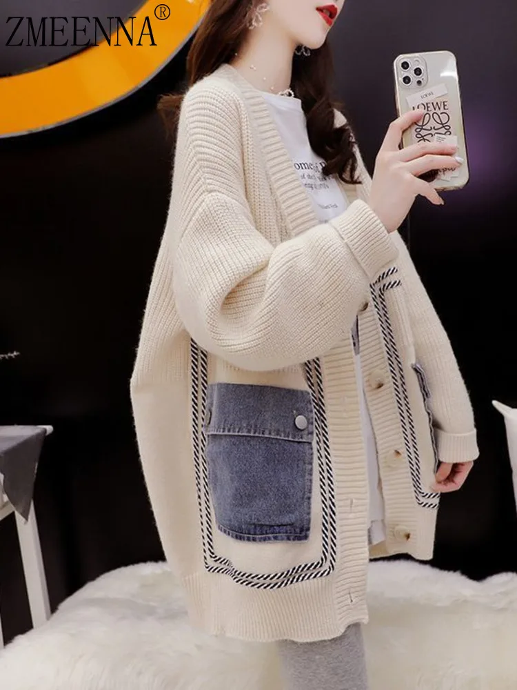 

ZMEENNA V Neck Long Sleeve Single Breasted Patchwork Denim Pockets Knitting Sweater For Women 2025 Autumn Fashion New ZM4054