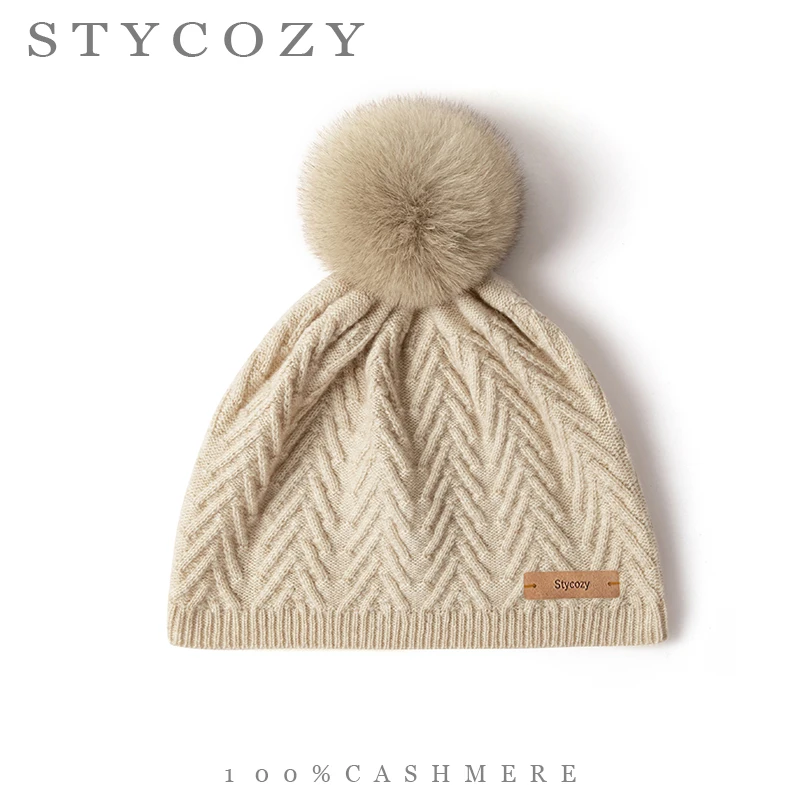100%Cashmere Women Chevron Cable Beanie Hat Elastic Ribbed Hem Large Pom-pom Winter Skull Cap Soft Cozy Casual Lady Headwear
