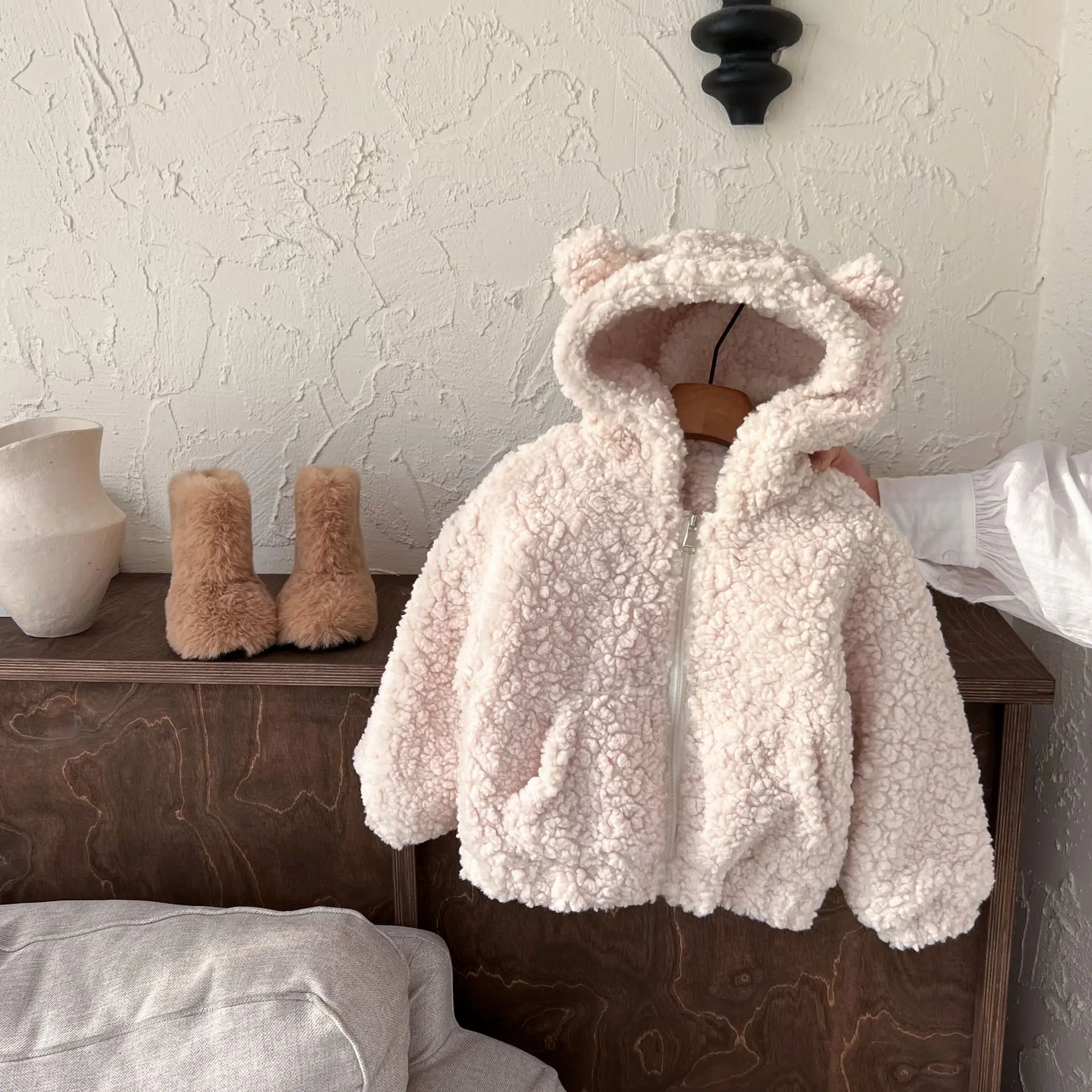 

2025 Autumn And Winter New Products Men's Treasure Girls' Stand-Up Ear Wool Sweater Jacket Baby Solid Colour Zipper Shirt