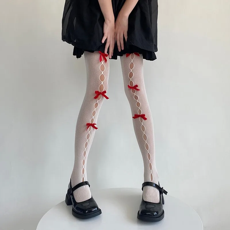 Lolita Girl Rete da pesca Collant di pizzo Bowknot Scava fuori Collant Sexy Sottile Ins Marea Calzamaglia Anime Calzini Nero Bianco Calze